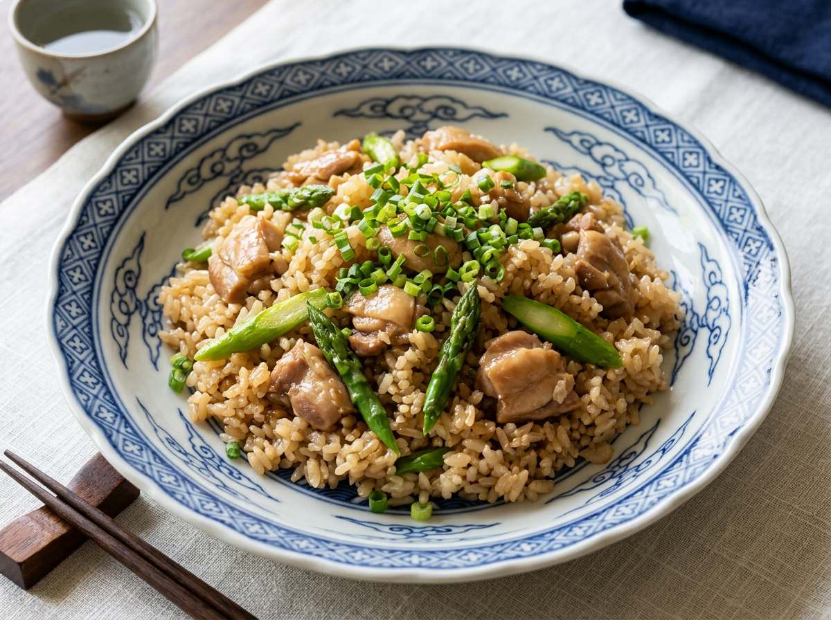 鶏もも肉とアスパラのオイスターソース炊き込みご飯
