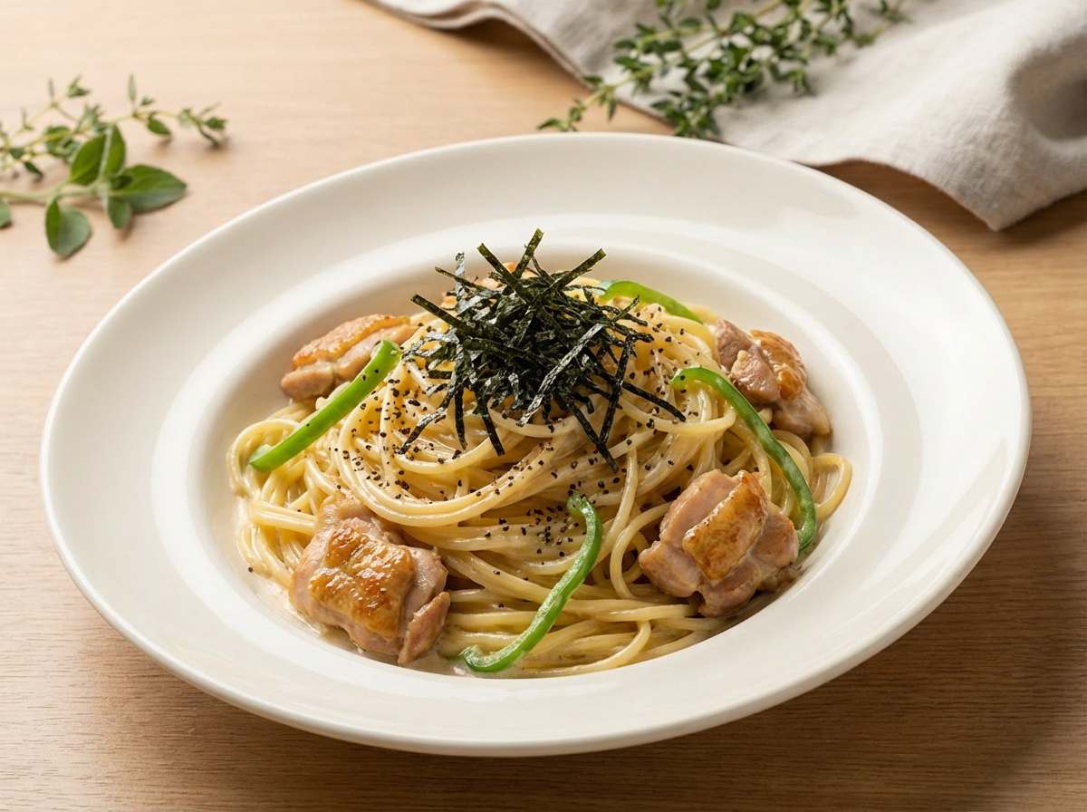 鶏もも肉とピーマンのオイスター照りマヨパスタ