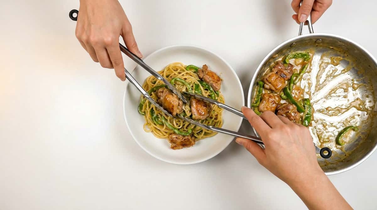 鶏もも肉とピーマンのオイスター照りマヨパスタ（完成イメージ）