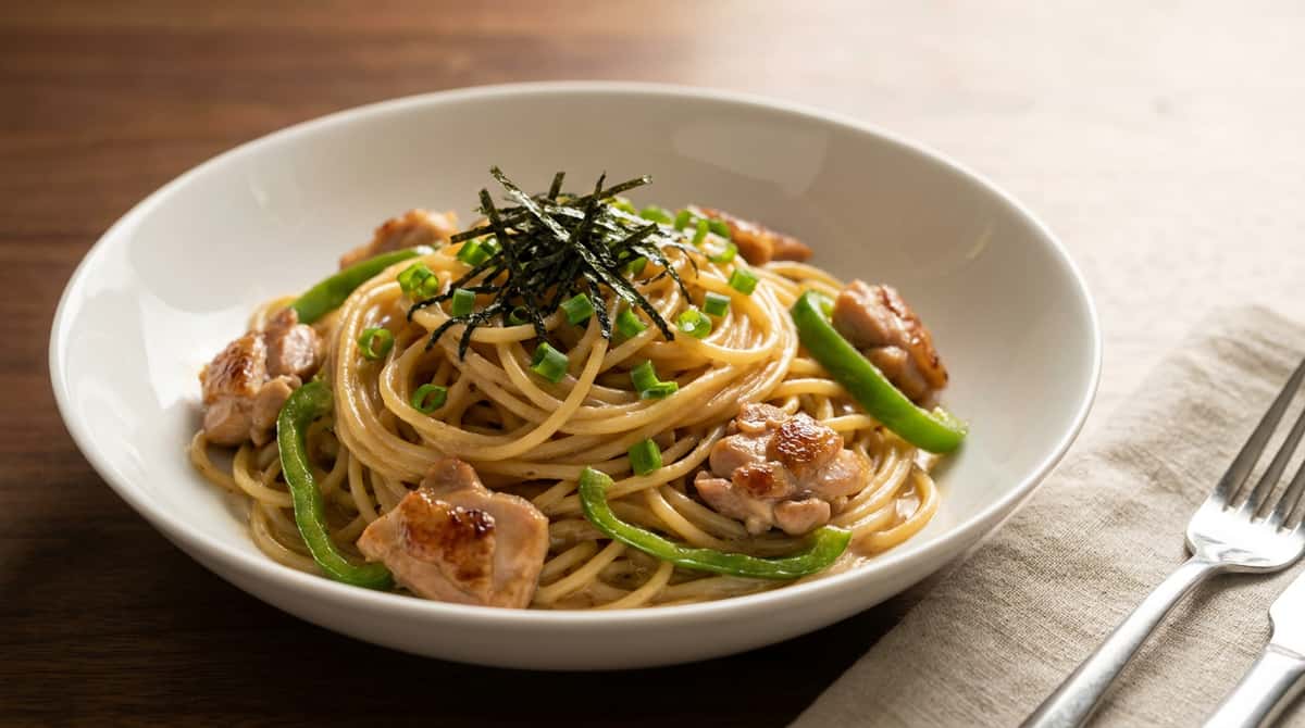 鶏もも肉とピーマンのオイスター照りマヨパスタ（完成イメージ）