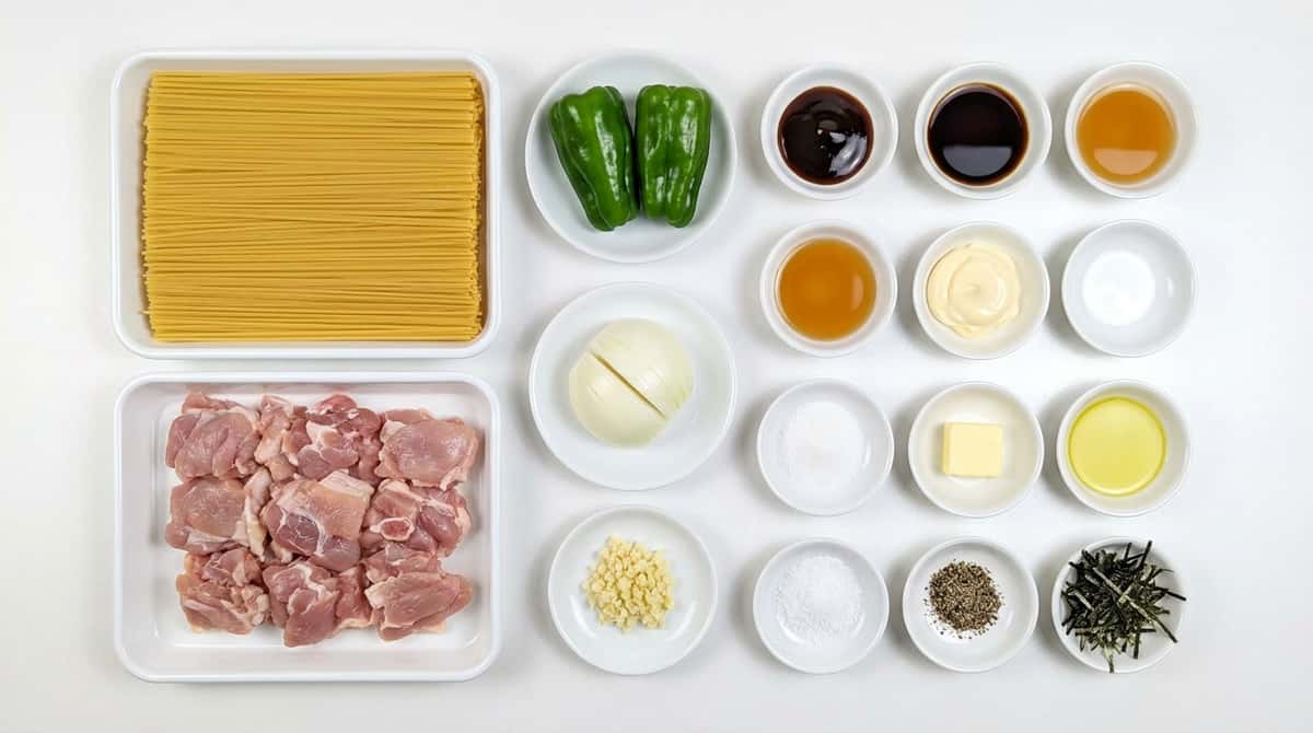 鶏もも肉とピーマンのオイスター照りマヨパスタ（材料）
