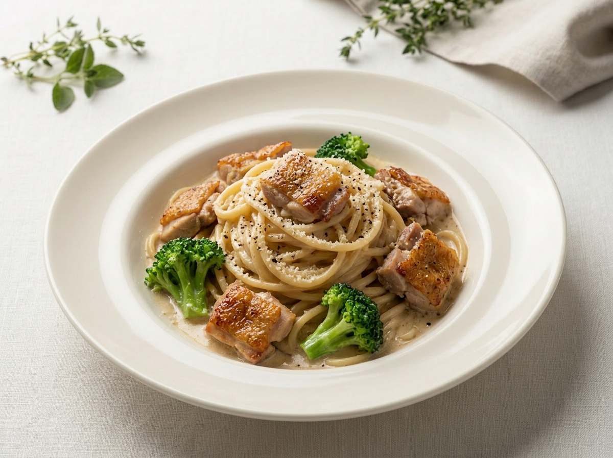 鶏ももとブロッコリーの濃厚めんつゆクリームパスタ