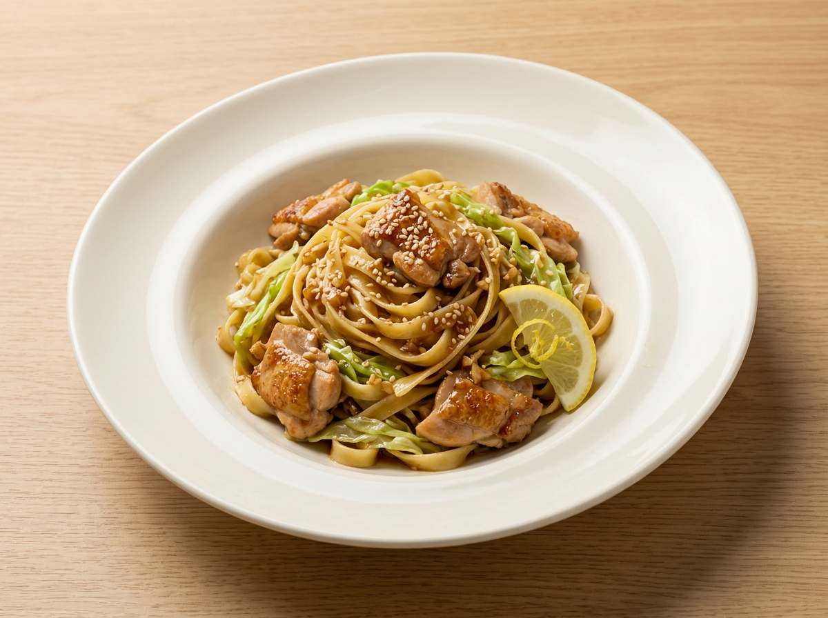鶏もも肉とキャベツの焼肉だれさっぱりパスタ