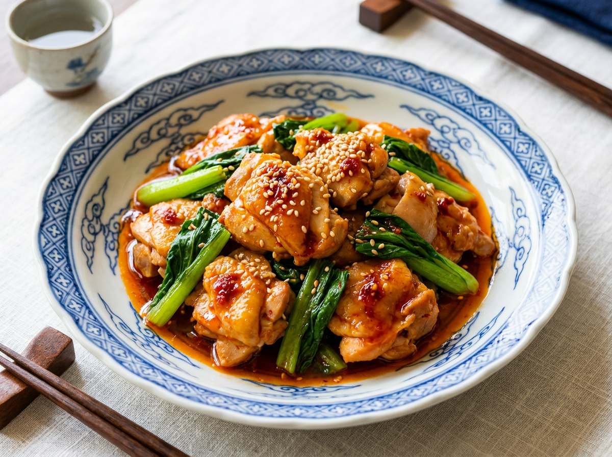 鶏もも肉と小松菜のピリ辛ごま油レンジ蒸し