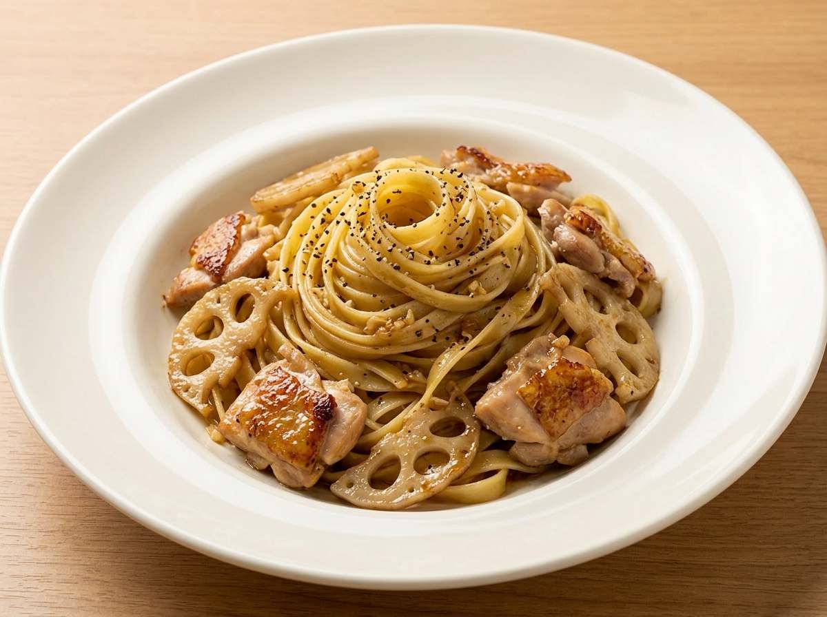 鶏もも肉とれんこんのバター醤油パスタおつまみ