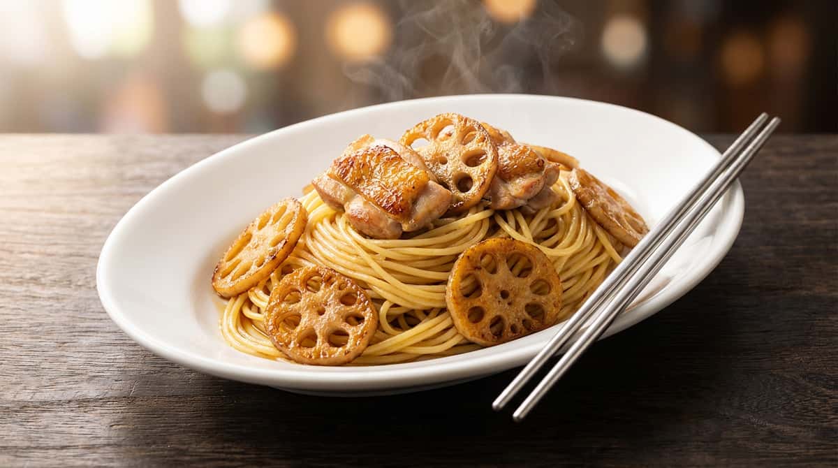 鶏もも肉とれんこんのバター醤油パスタおつまみ（完成イメージ）