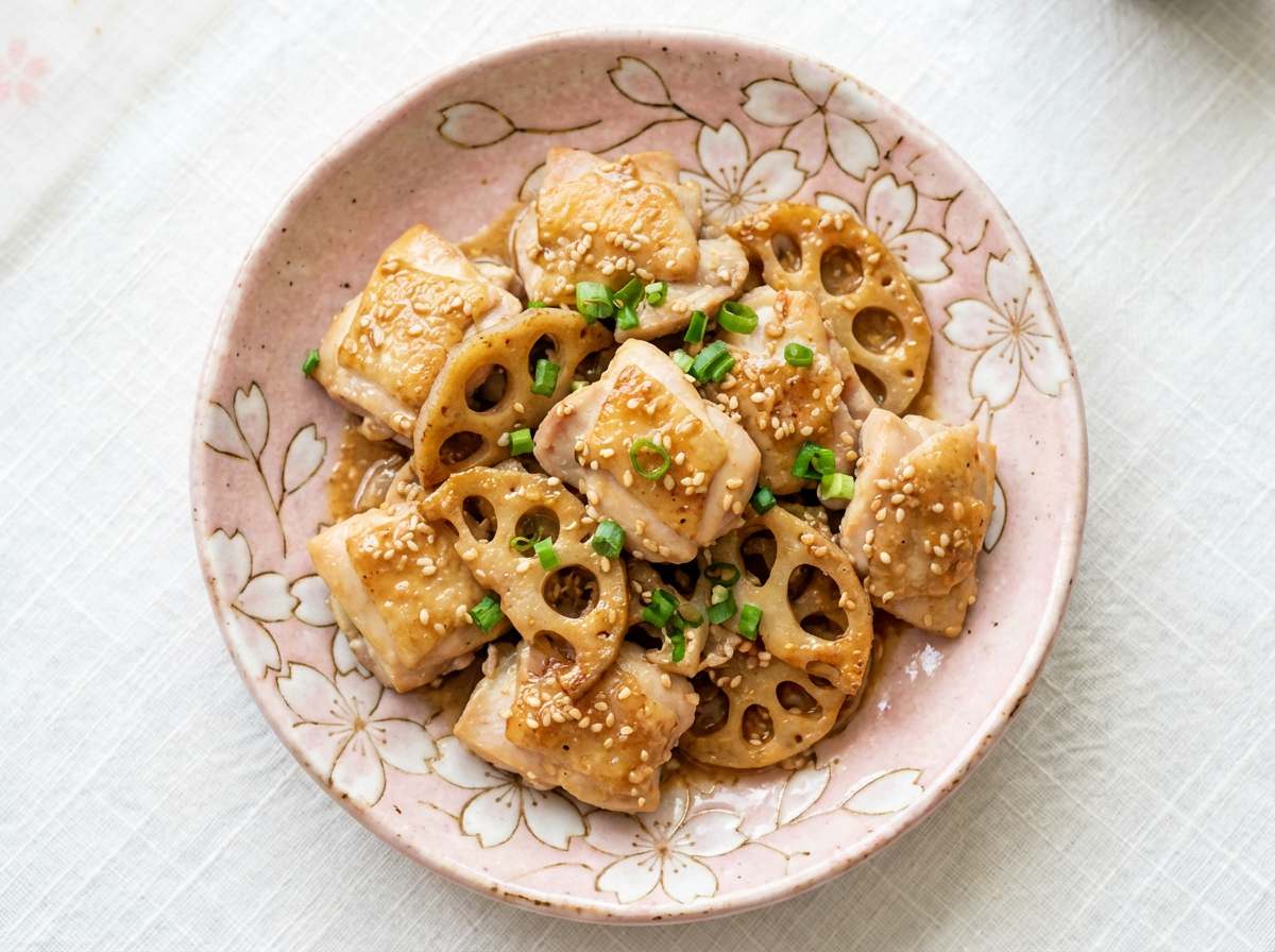 鶏もも肉とれんこんの味噌ごま和え