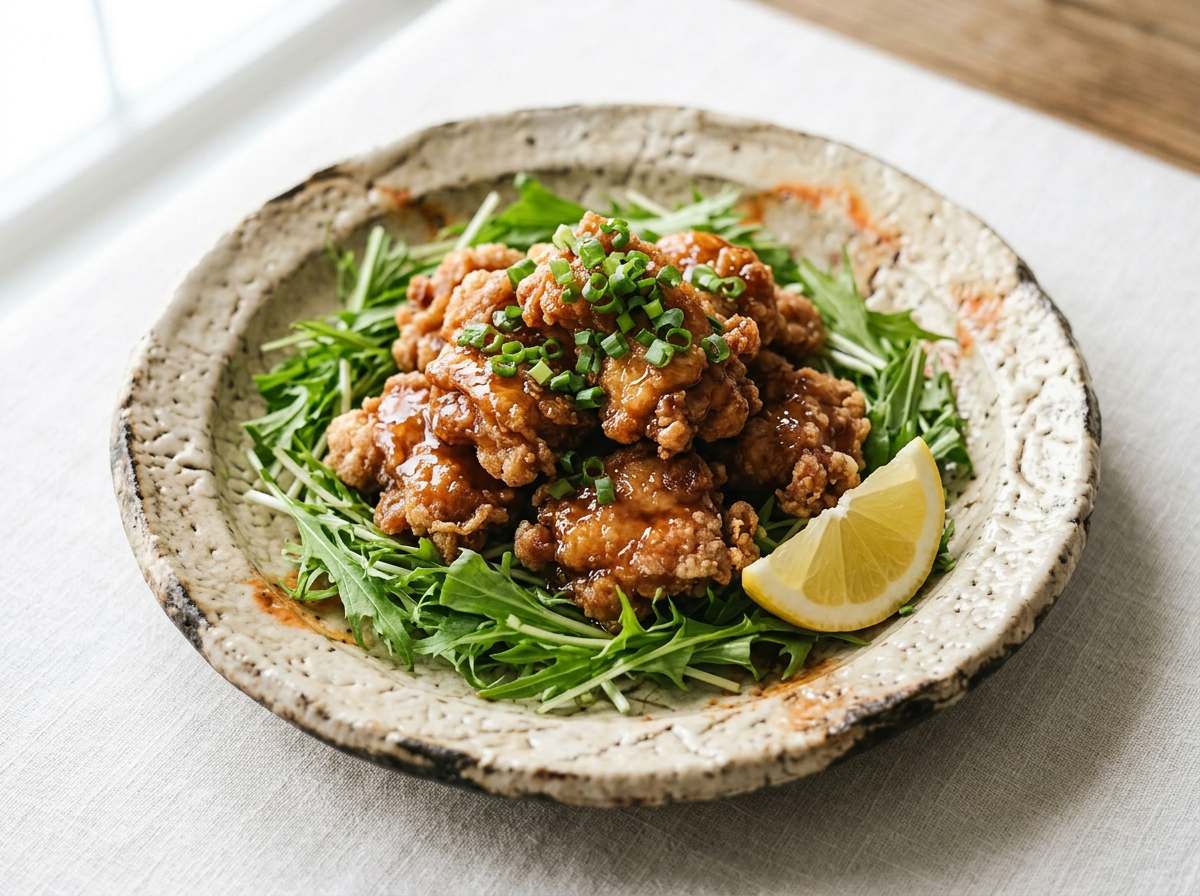 鶏もも肉と水菜の醤油から揚げ