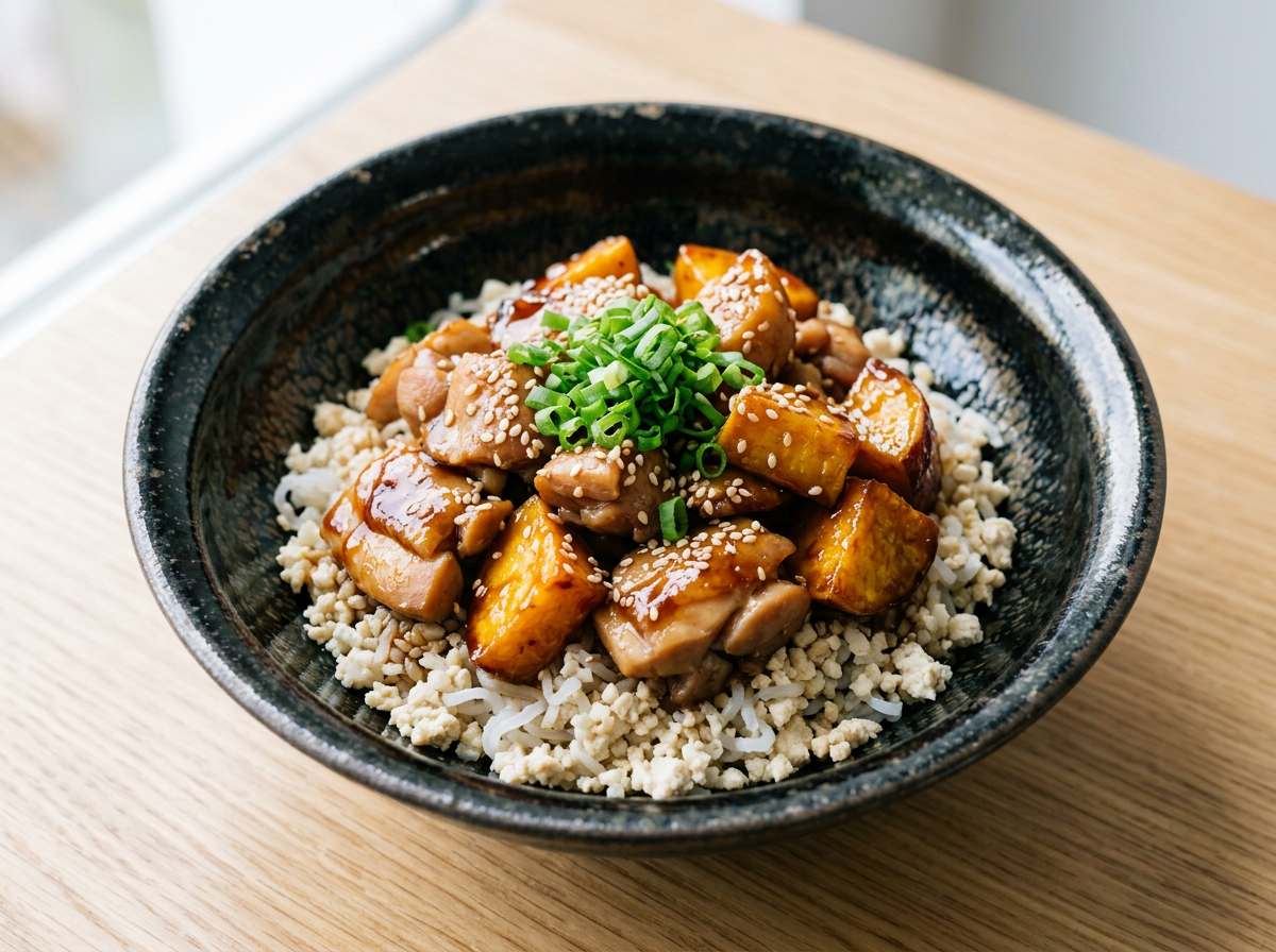 鶏ももとさつまいもの醤油だれ・豆腐しらたき丼