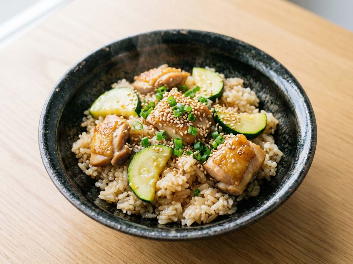 鶏ももとズッキーニのごま油ガッツリ炊き込みご飯