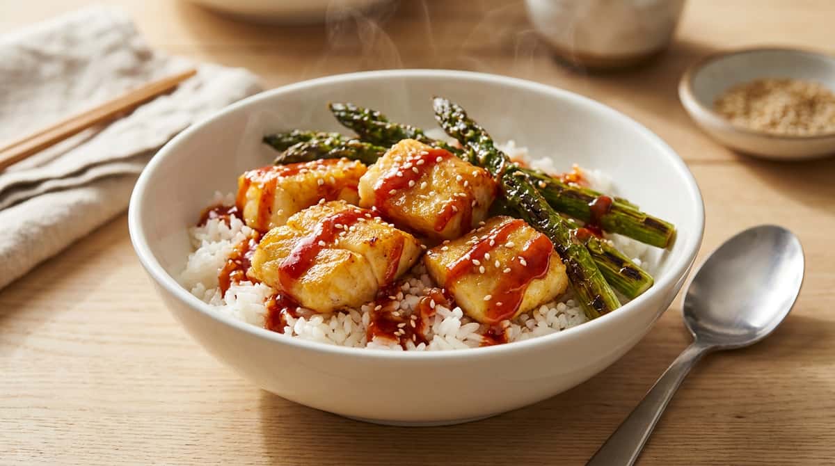 タラとアスパラのピリ辛鶏ガラ丼（完成イメージ）