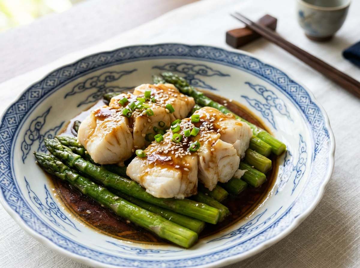 タラとアスパラのレンジ蒸し焼肉ダレ