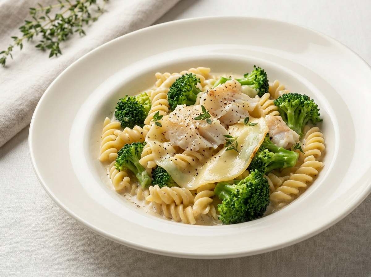 タラとブロッコリーの鶏がらクリームパスタ