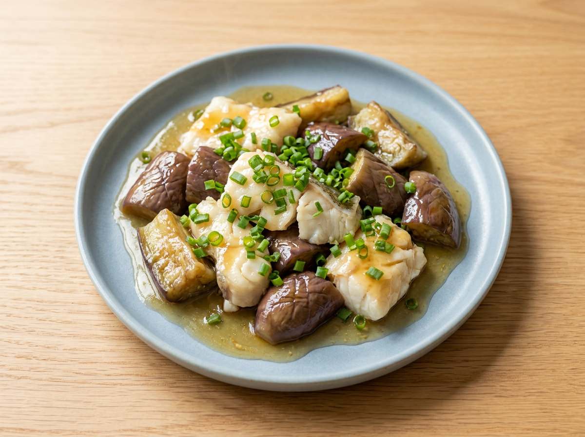 レンジ甘酢だれ たらとなすの高タンパクむし