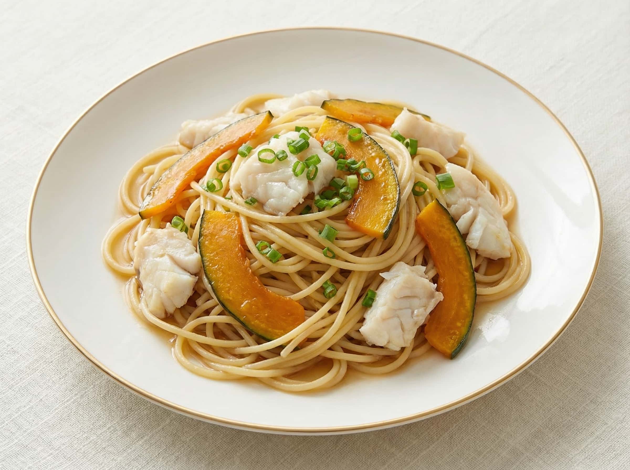 タラとかぼちゃの白だし和風パスタ