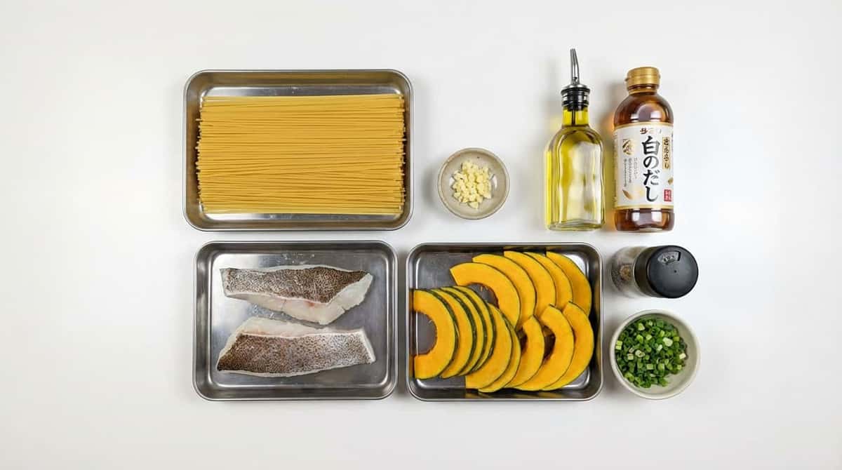 タラとかぼちゃの白だし和風パスタ（材料）