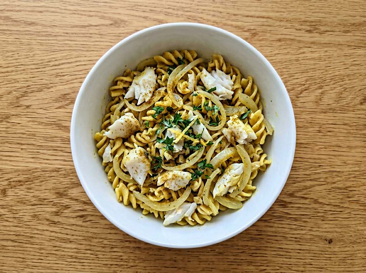 タラと玉ねぎのさっぱりカレーパスタ