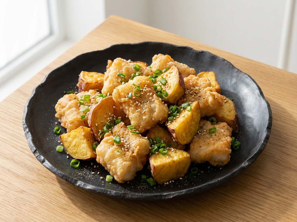 タラとさつまいものふんわり鶏ガラから揚げ