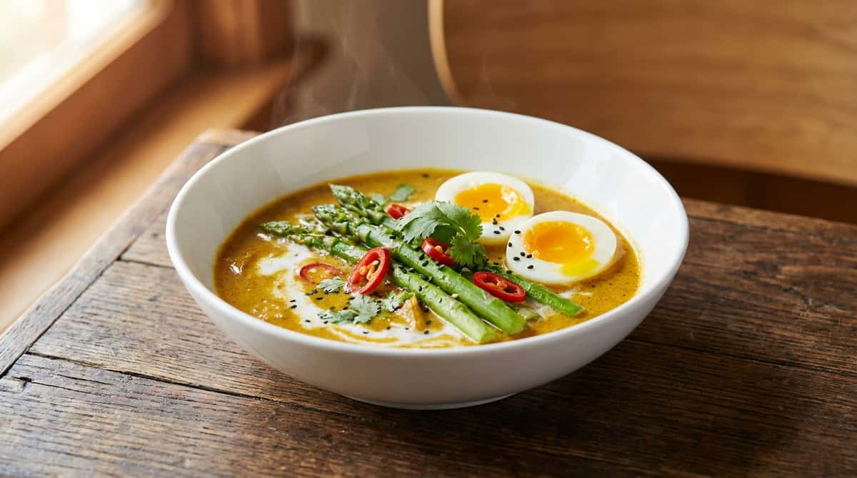 卵とアスパラガスのカレースープ煮（完成イメージ）