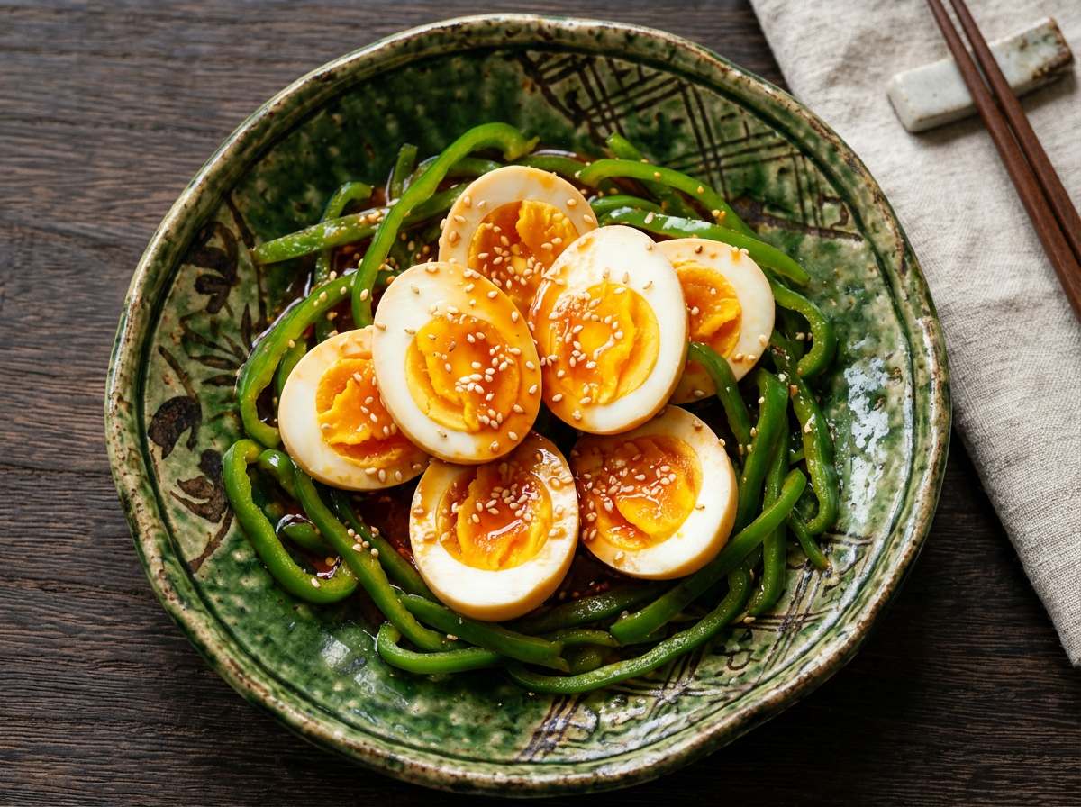 卵とピーマンのピリ辛めんつゆ漬け