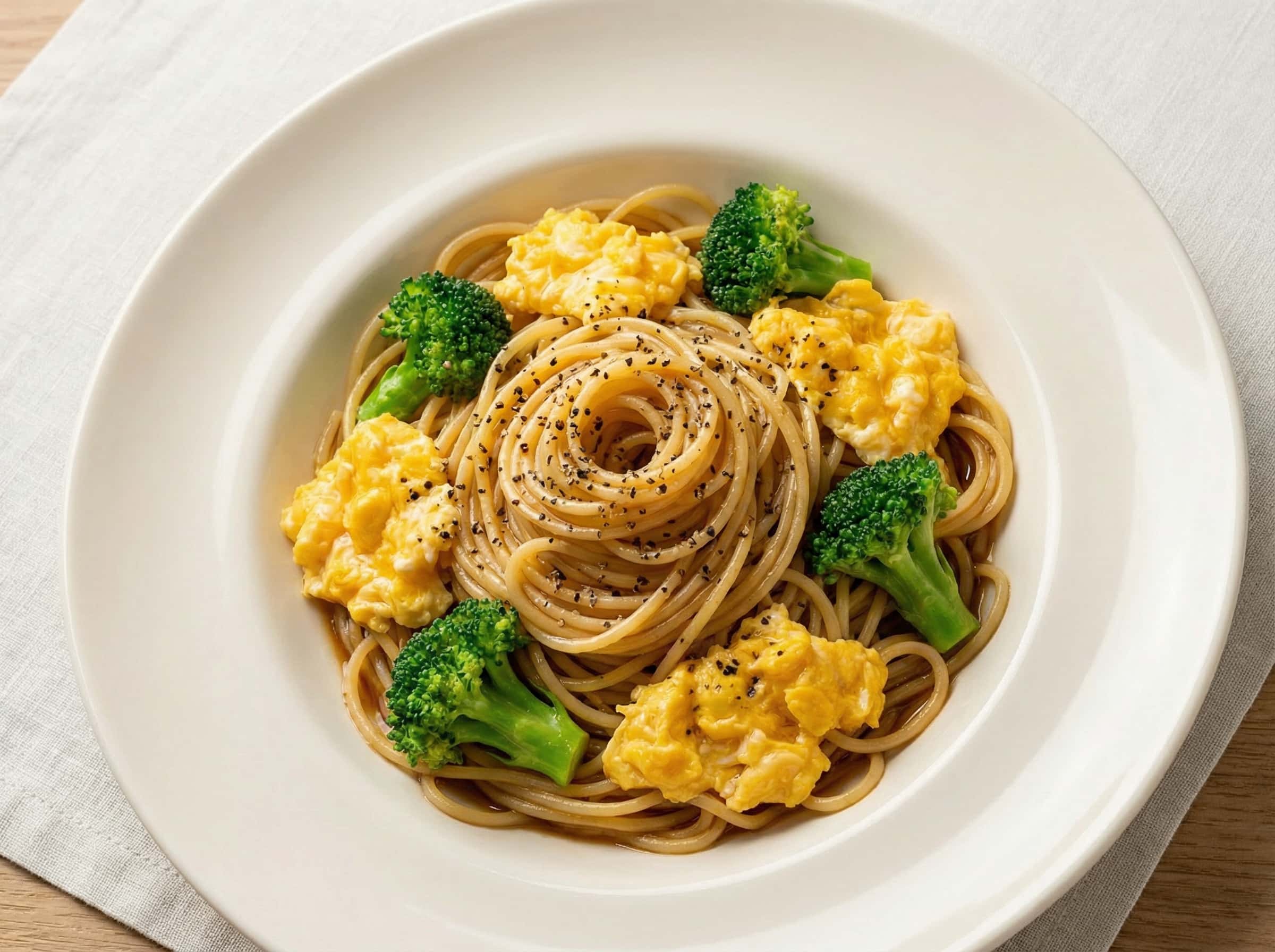 卵とブロッコリーの節約醤油パスタ