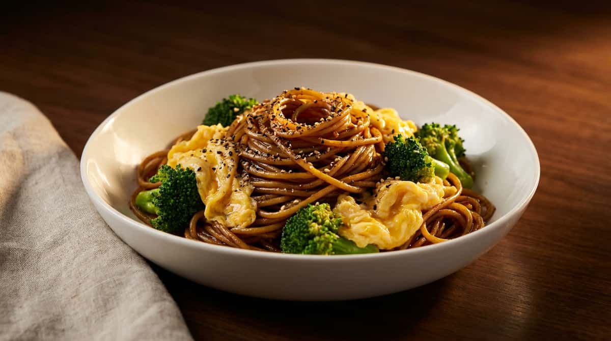 卵とブロッコリーの節約醤油パスタ（完成イメージ）
