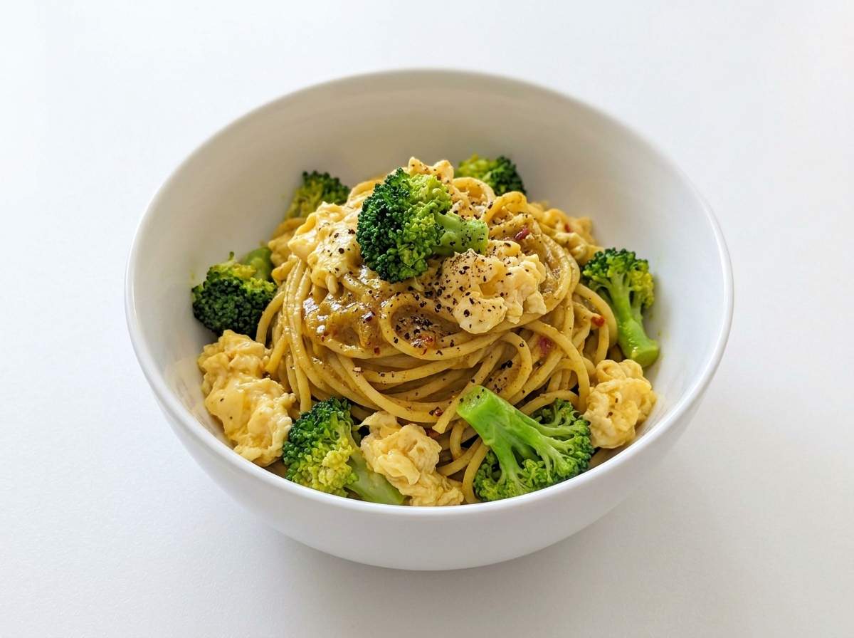 卵とブロッコリーのピリ辛カレーパスタ