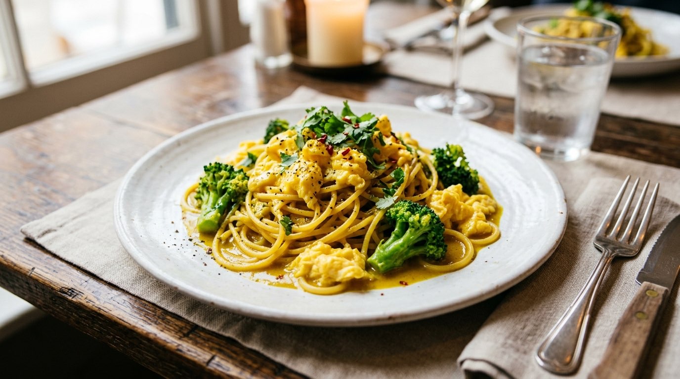 卵とブロッコリーのピリ辛カレーパスタ（完成イメージ）