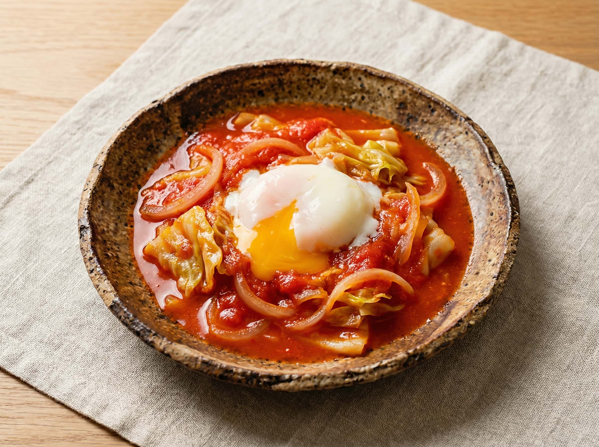 卵とキャベツのトマト缶レンジ蒸し