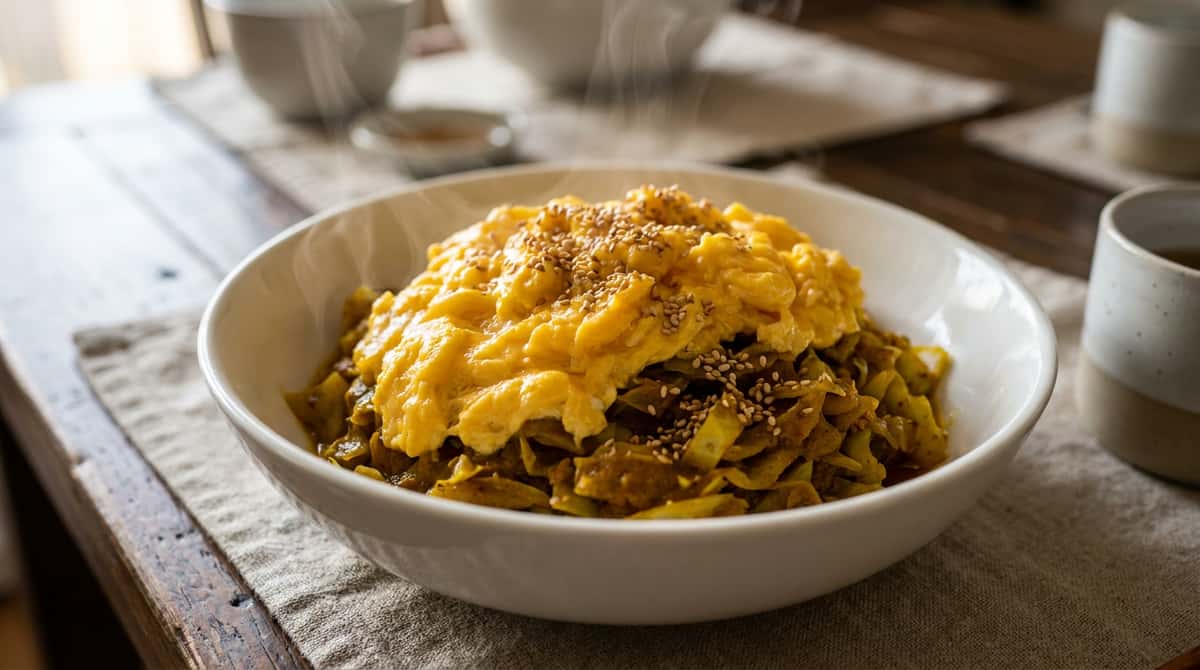卵とキャベツのレンジカレー蒸し（完成イメージ）