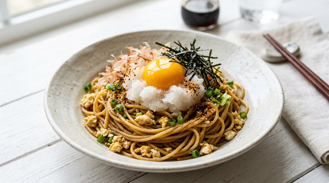 大根おろしと卵黄の節約醤油パスタ