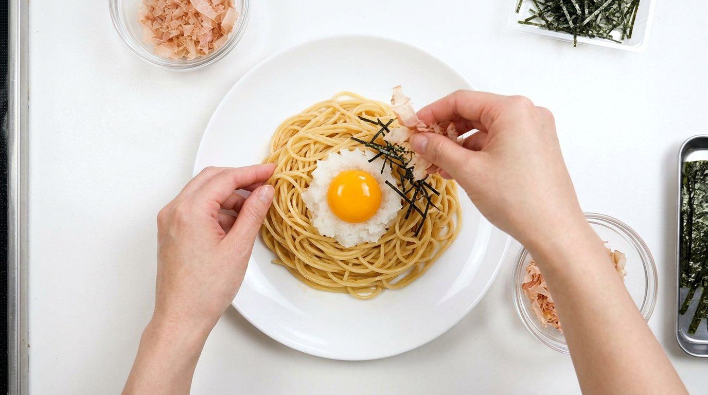 大根おろしと卵黄の節約醤油パスタ（完成イメージ）