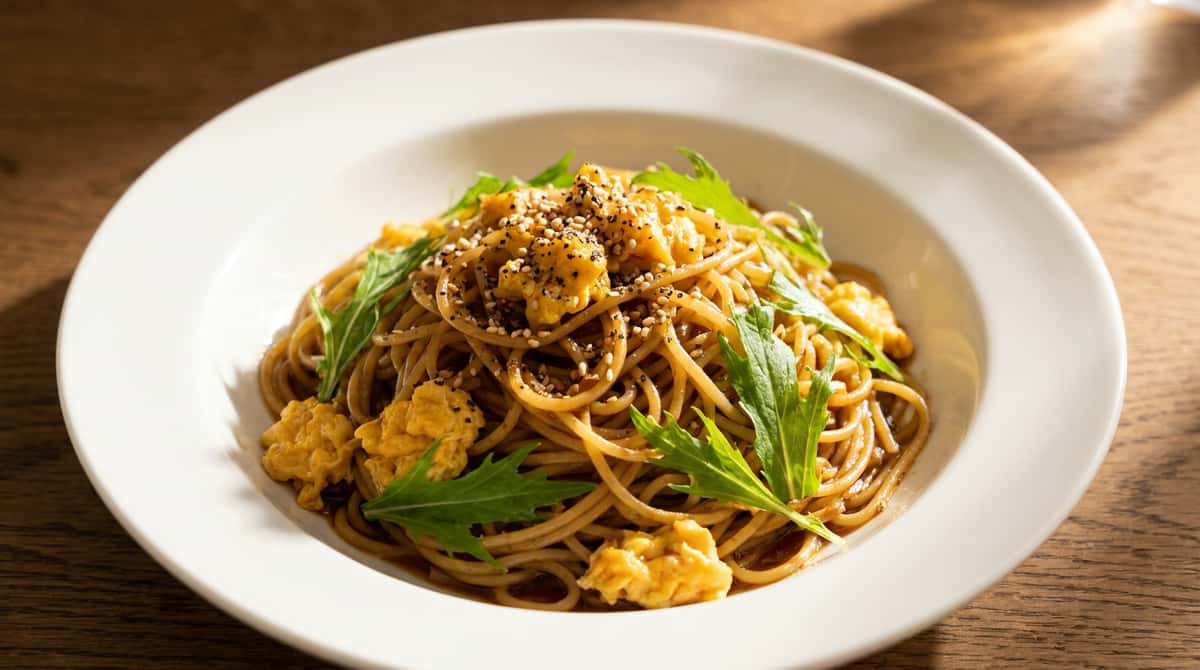 卵と水菜の焼肉タレパスタ（完成イメージ）