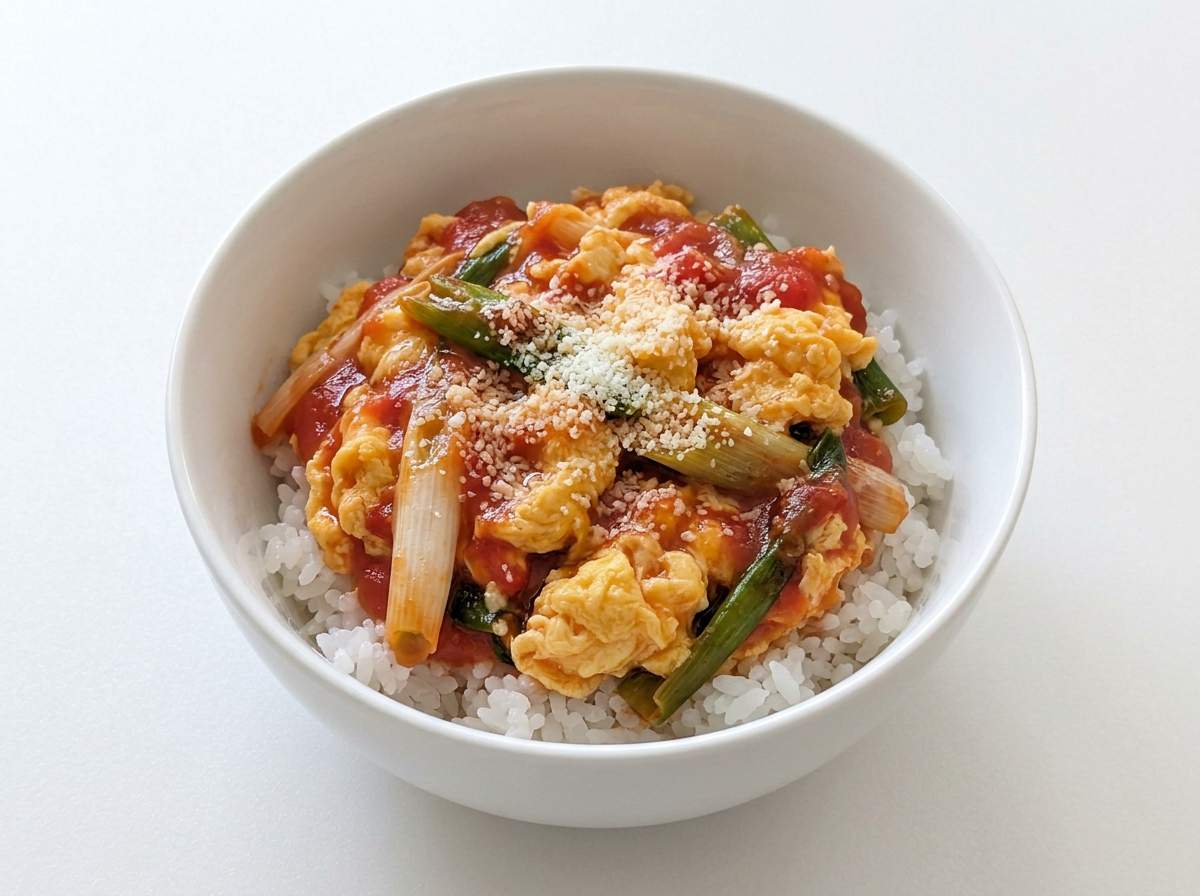 長ねぎたっぷりトマトふわとろ卵丼