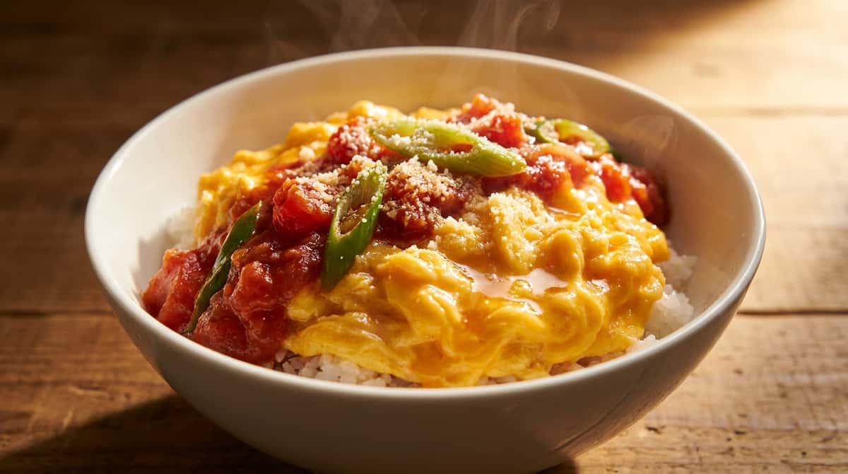 長ねぎたっぷりトマトふわとろ卵丼（完成イメージ）