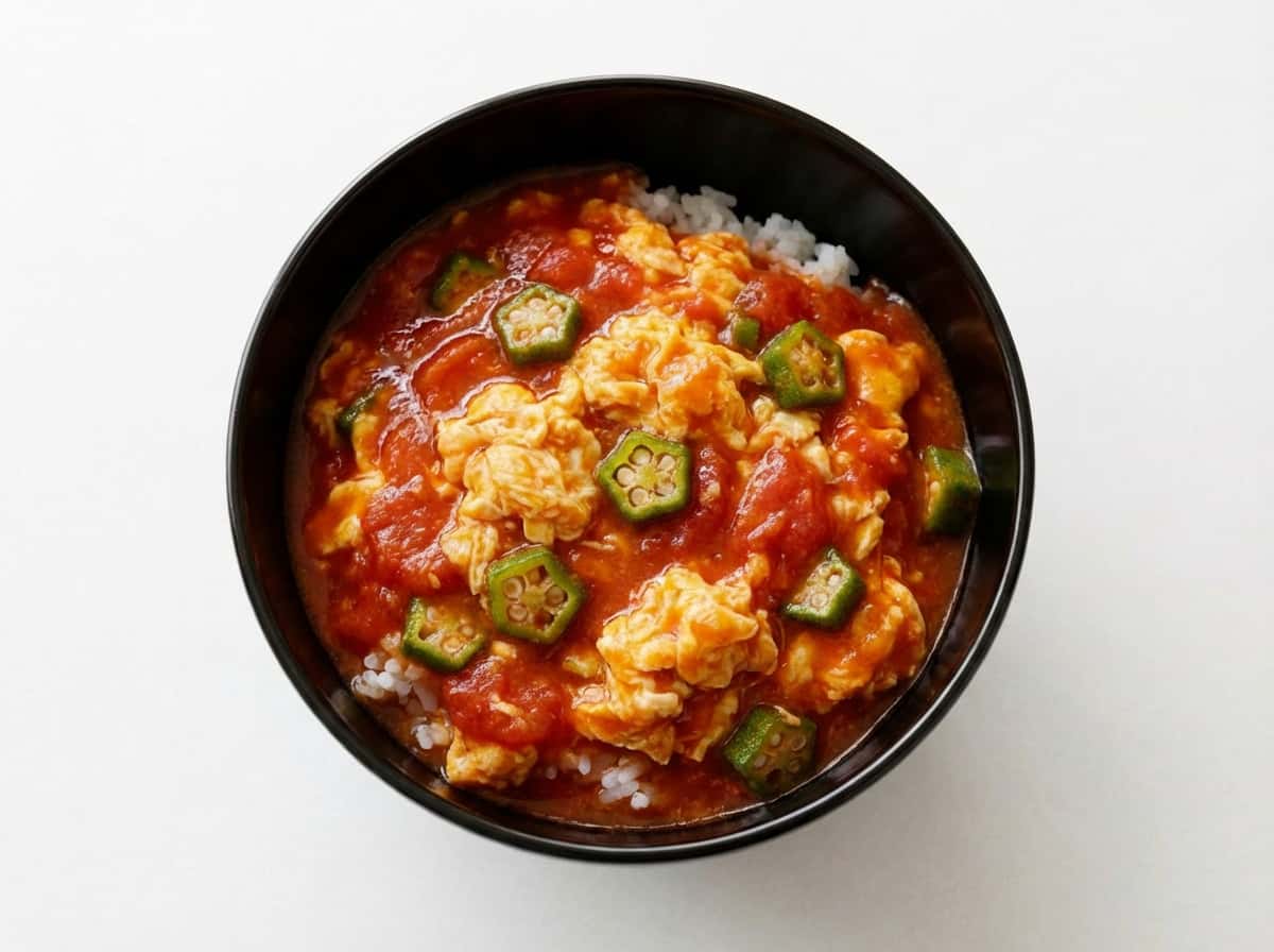 卵とオクラのトマト煮込み丼（作り置き）