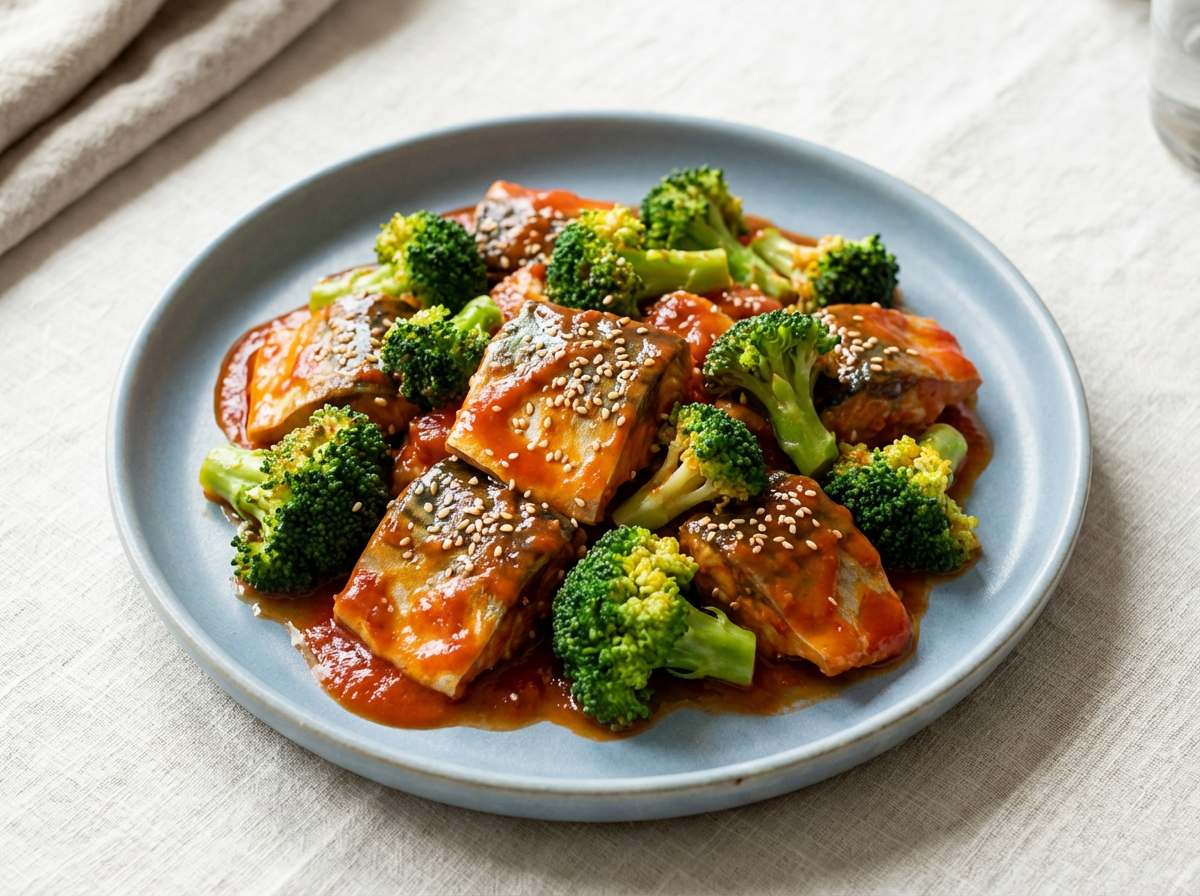 サバとブロッコリーのケチャップレンジ蒸し