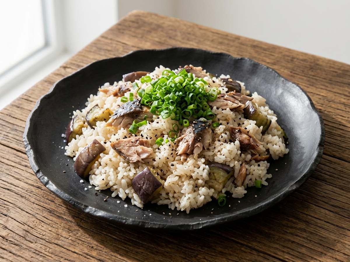 サバとなすの塩こしょう炊き込みご飯