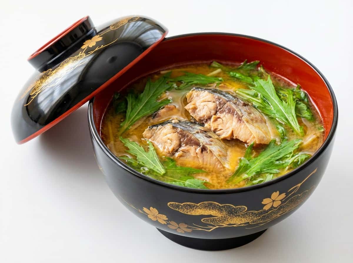 サバ缶と水菜のバター醤油スープ