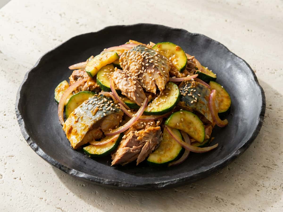 サバとズッキーニのカレー粉ピリ辛和え