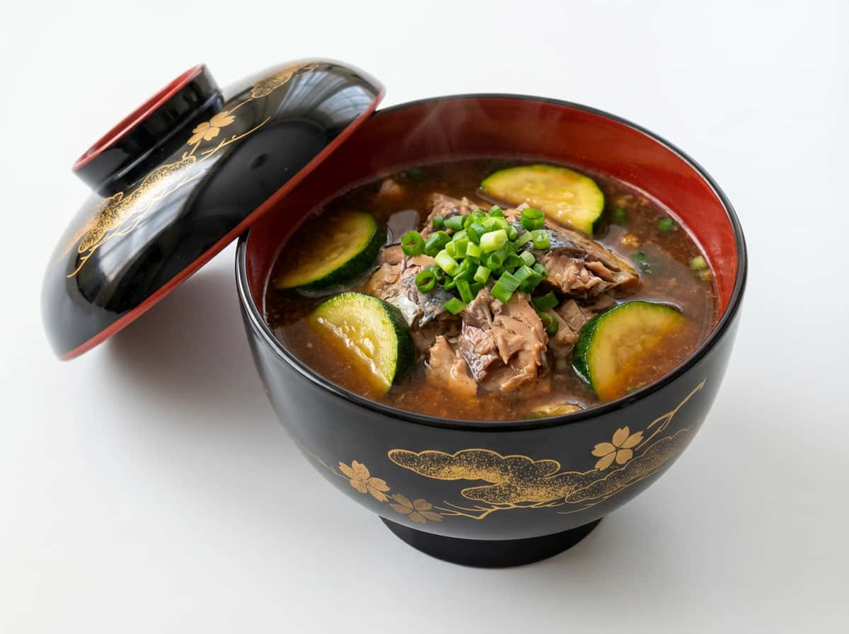 サバ缶とズッキーニの焼肉タレスープ