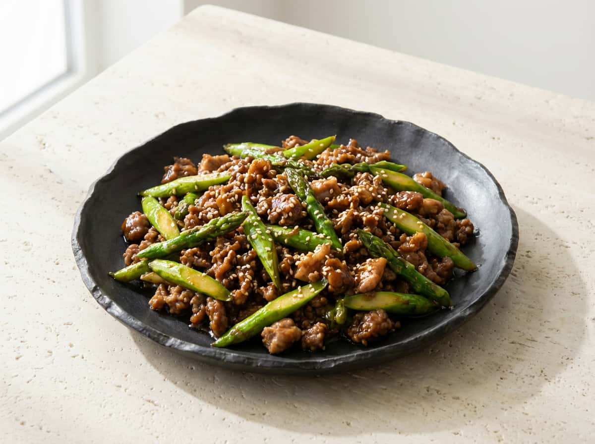 合いびき肉とアスパラの焼肉のタレ漬け（糖質オフ）