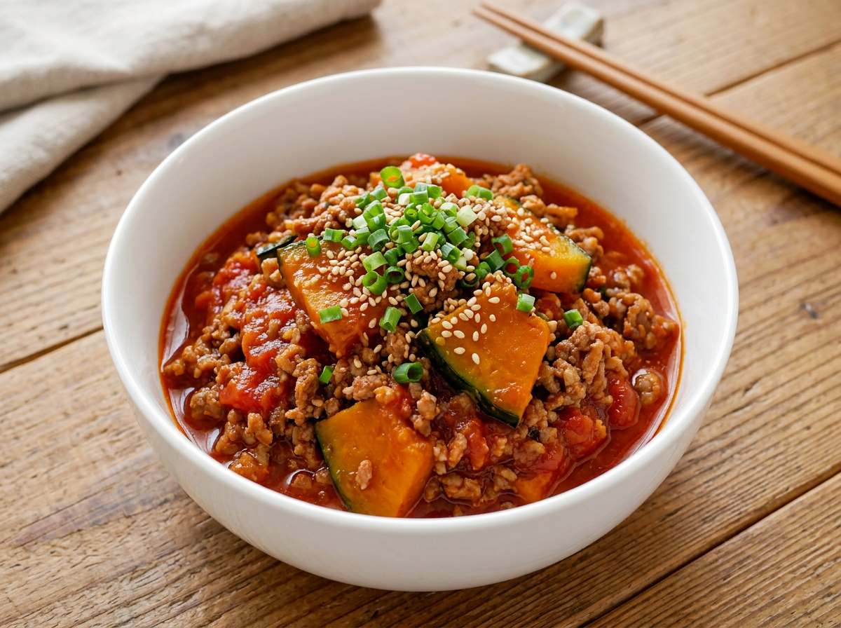 合いびき肉とかぼちゃのトマト缶炒め