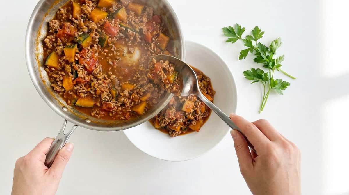 合いびき肉とかぼちゃのトマト缶炒め（完成イメージ）