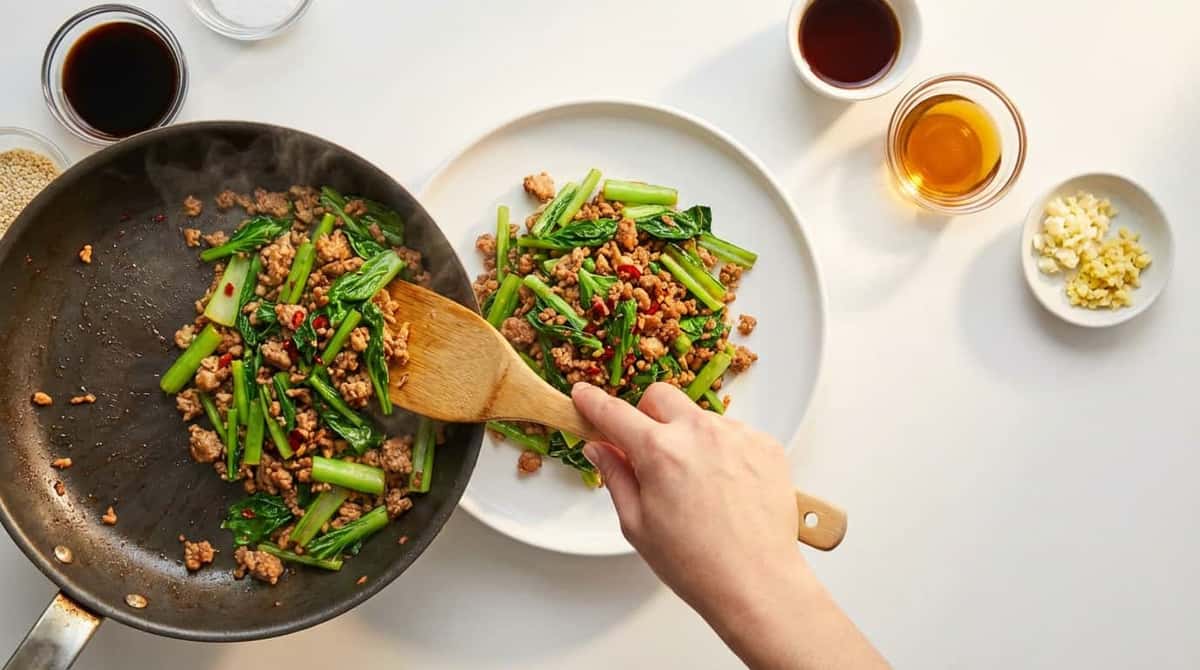 合いびき肉と小松菜の甘酢焼き（完成イメージ）