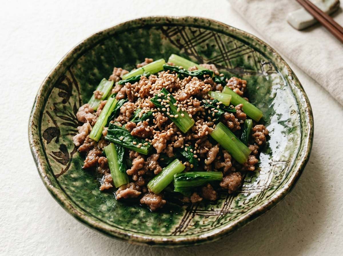 合いびき肉と小松菜の甘酢漬け