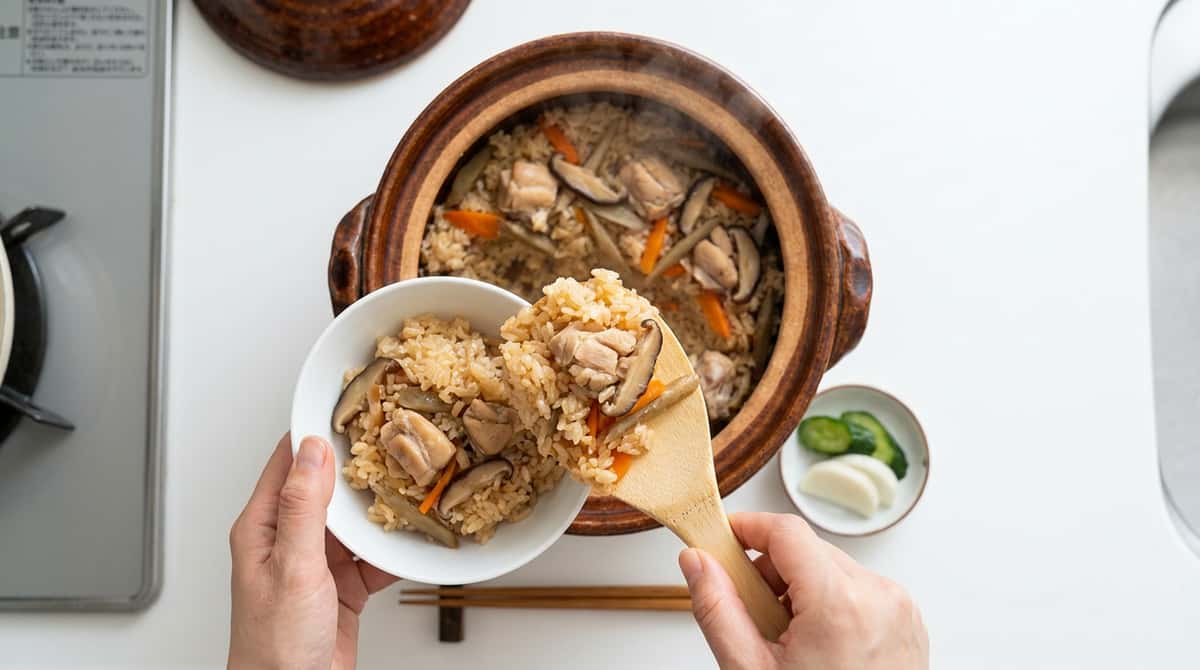 合いびき肉ときのこの味噌炊き込みご飯（完成イメージ）