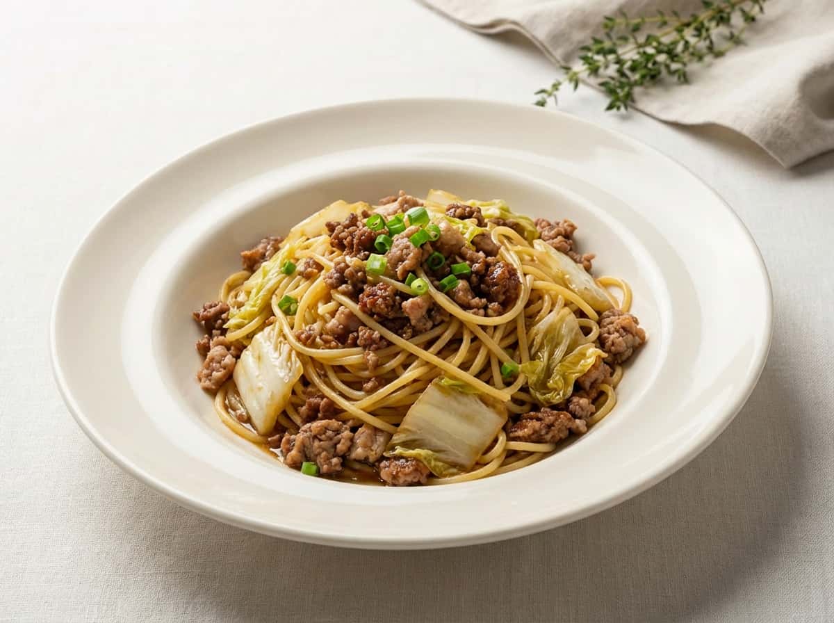 合いびき肉と白菜のポン酢バターパスタ