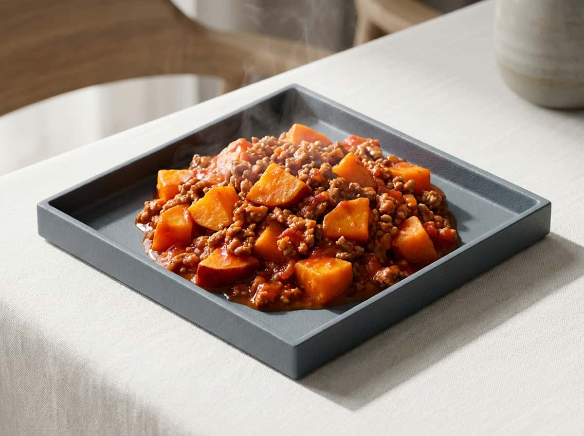 合いびき肉とさつまいものトマト缶レンジ蒸し