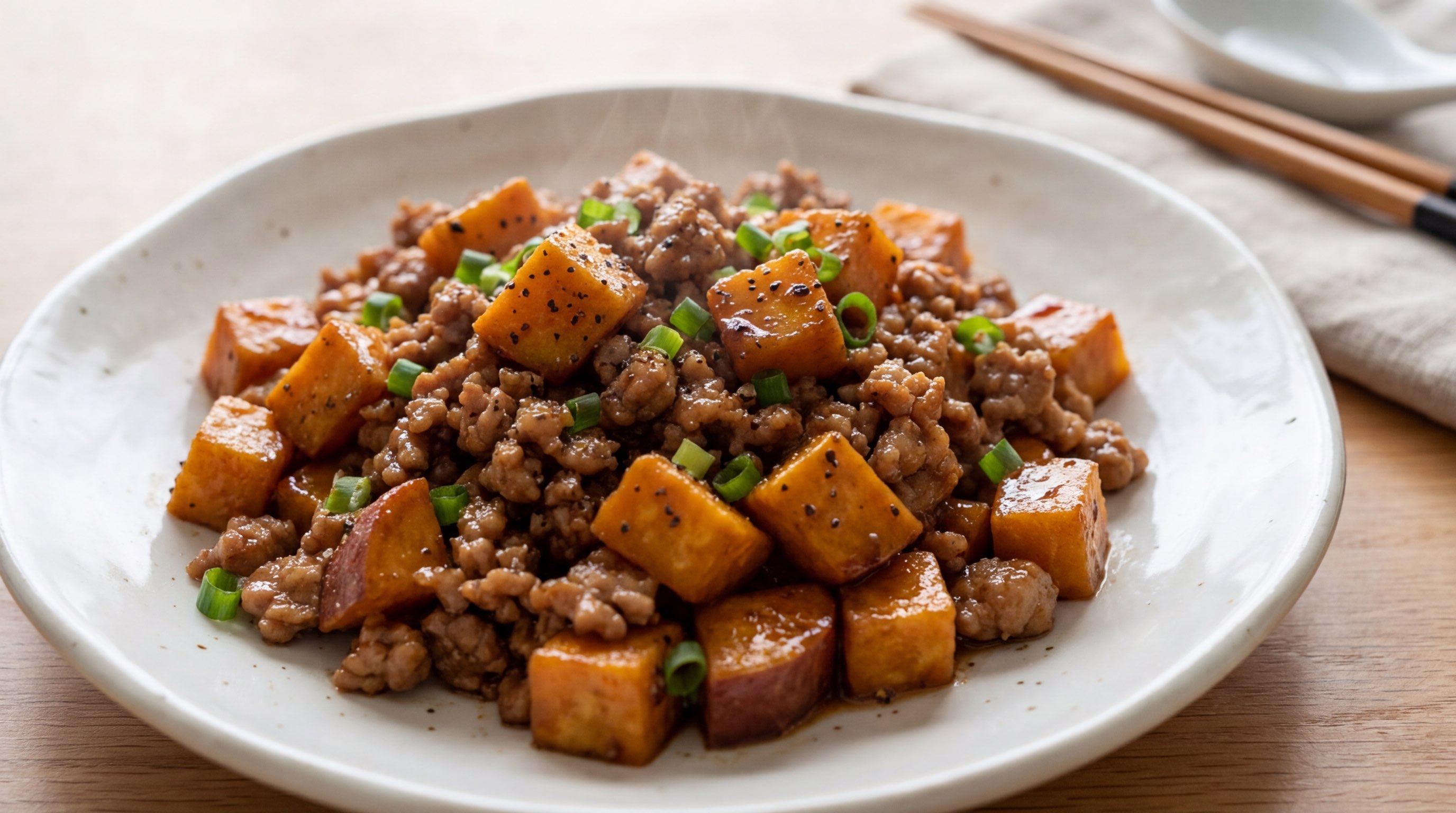 合いびき肉とさつまいもの醤油焼き（完成イメージ）